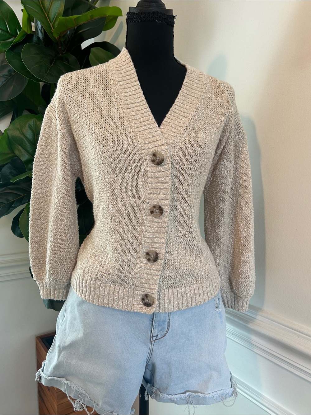 LOFT Neutral Beige V-Neck Button Cardigan
